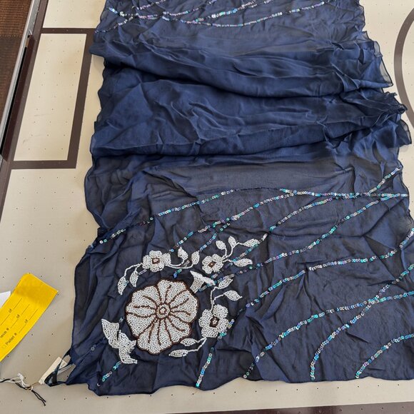 Sue Wong Scarf Shawl Navy Blue White Beaded 100 Silk Long Large Runner Chiffon 1 - Picture 12 of 16